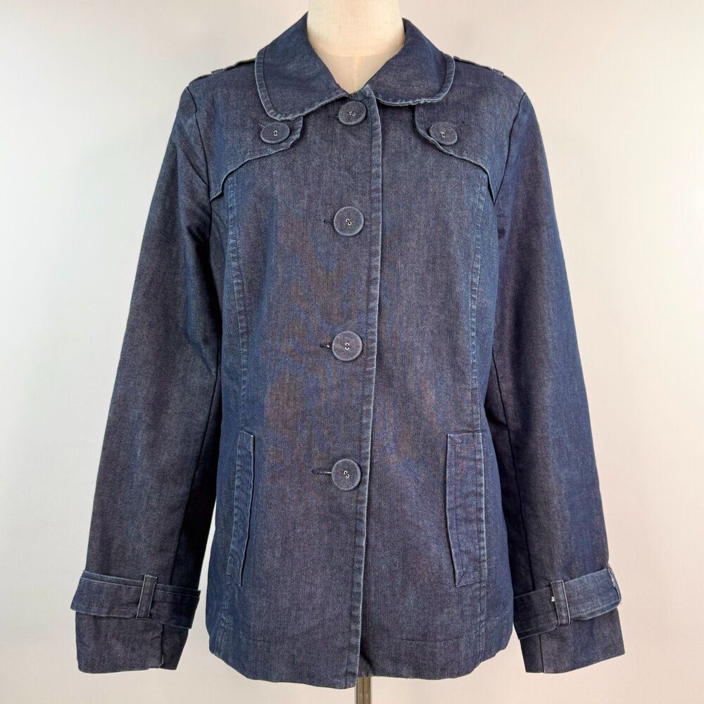 Halogen Denim Dark Wash Midi Button Up Coat Collared Preppy Academia Size L